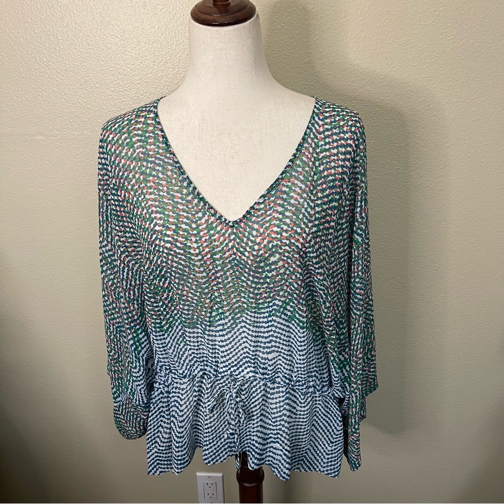 NWT Cabi #731 V-Neck Multicolor Striped Drawstring Waist Loose Top Size Medium
